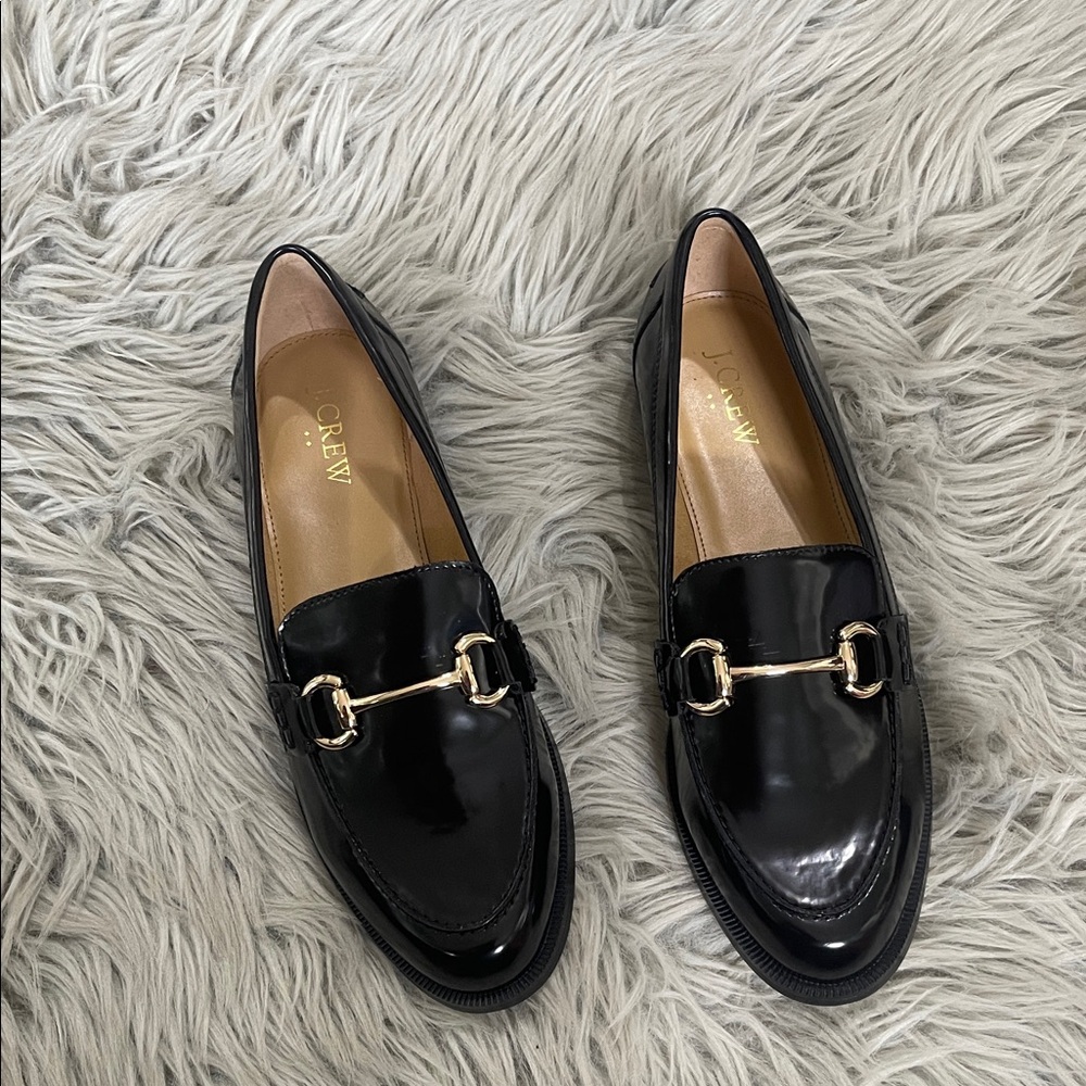 J. Crew Black Patent Leather Loafers with Gold Horsebit